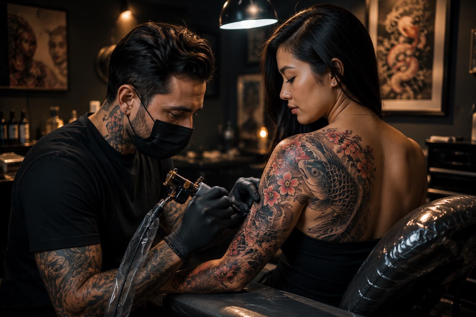 Un tatoueur au travail dans son studio